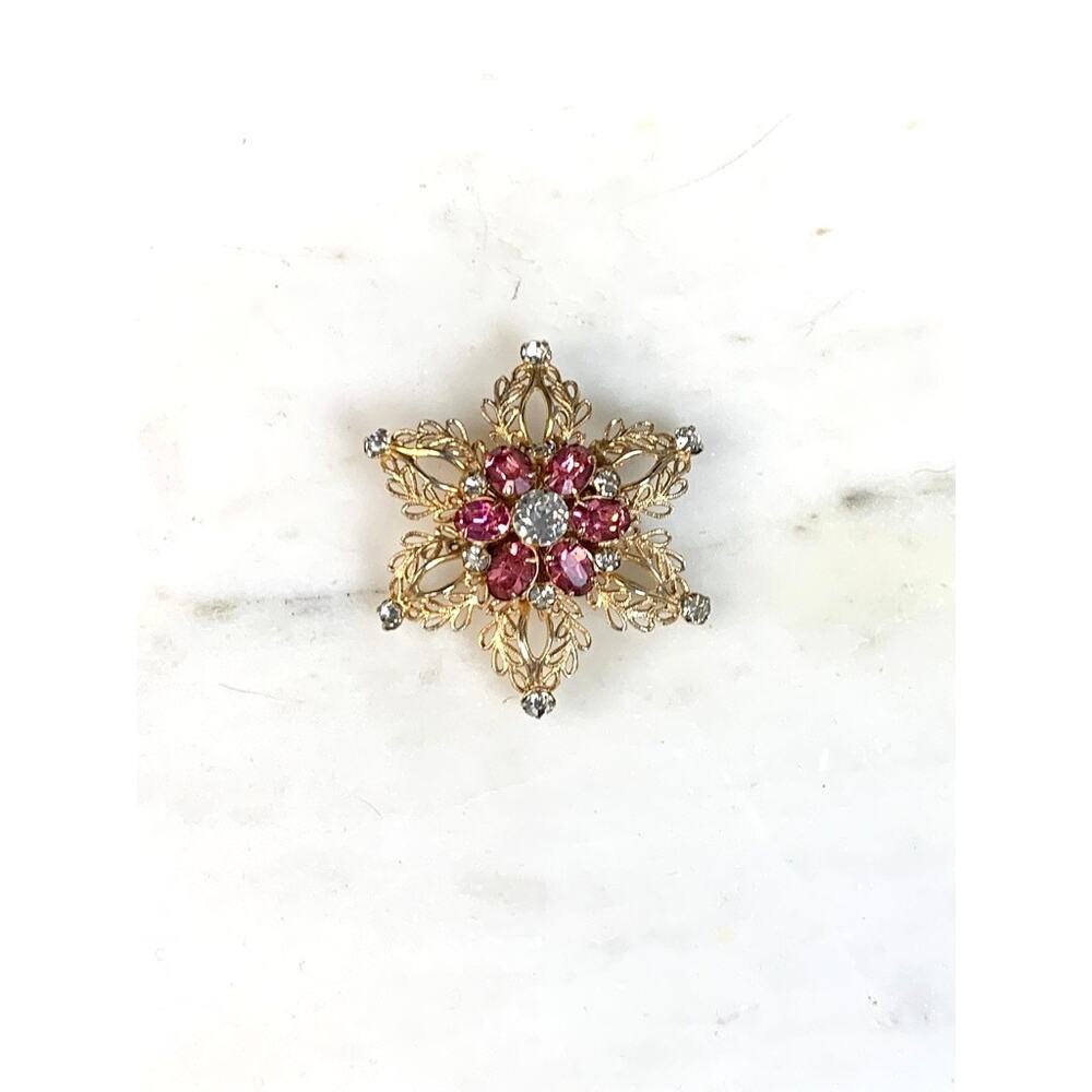 Vintage Scitarelli Pink Rhinestone Starburst Brooch Pendant Gold Tone Filigree